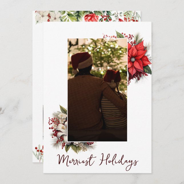 Convite Foto de Natal 3, floral botânico (Frente/Verso)