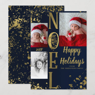 Convite Foto de Natal Blue & Gold NOEL Holiday Splatter
