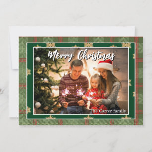 Convite Foto de Natal da Família em Xadrez Verde e Vermelh