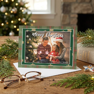 Convite Foto de Natal da Família em Xadrez Verde e Vermelh