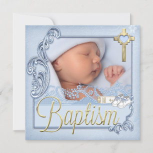 Convite Foto de Natal de Blue Cross Boy Baptism