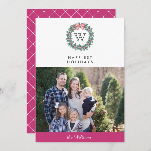 Convite Foto de Natal Mistletoe Wreath | Rosa (Frente/Verso)