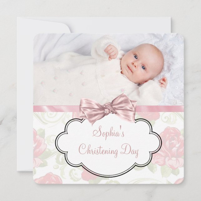 Convite Foto de Natal para Bebê Rosa Rosa Rosa Rosa Rosa R (Frente)