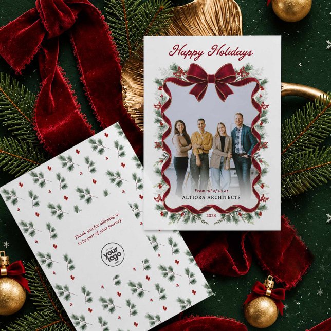 Convite Foto de Negócios Feliz Natal Vermelho (Happy Holidays Red Bow Photo  Business Greeting card with logo)