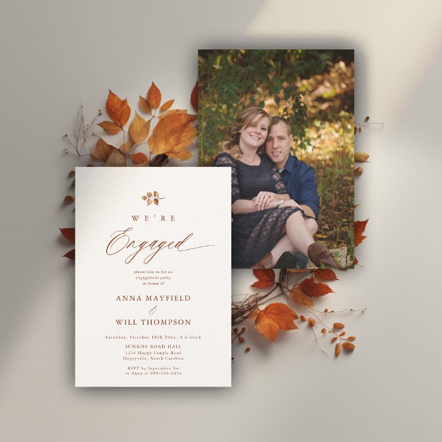 Convite Foto de Noivado Simples Moderno Terracotta (fall engagement party invitation botanical leaf calligraphy terracotta elegant modern photo)