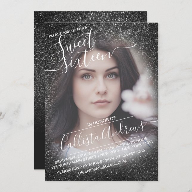 Convite Foto de Ombre Glitter Espelho Preto Elegante Doce  (Frente/Verso)