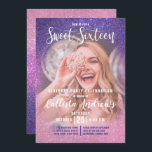 Convite Foto de Ombre Rosa Tripla Violeta Brilhante Sweet<br><div class="desc">Este convite de aniversário giro, moderno e brilhante de 16 fotos é perfeito para o dia especial da sua filha adolescente. Ele apresenta uma fotografia personalizável do convidado de honra e um violeta preto impresso em roxo rosa cor-de-rosa pincelado e brilhante gradiente ombre. É chique, elegante, bonito, única e legal;...</div>