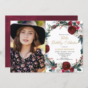 Convite Foto de ouro de burgundy da festa de aniversário d