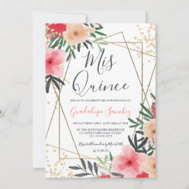 Convite Foto de ouro floral rosa moderno quinceanera