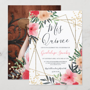 Convite Foto de ouro floral rosa moderno quinceanera