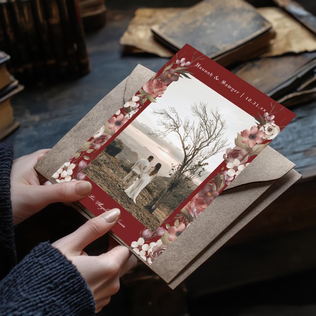 Convite Foto de outono Floral Escuro Salva a Data (Criador carregado)