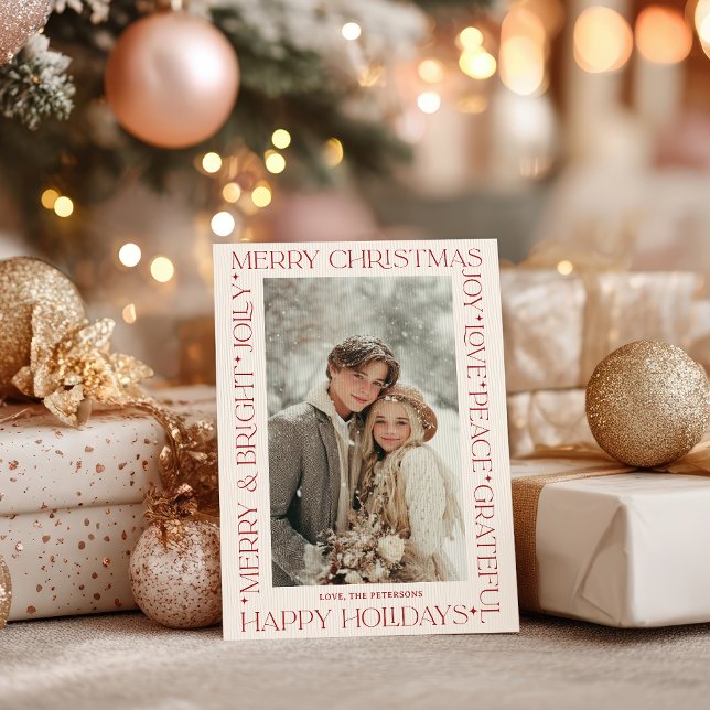 Convite Foto de Palavras de Natal Vermelhas Elegantes Mode (Modern Elegant Red Christmas Words Photo Invitation)
