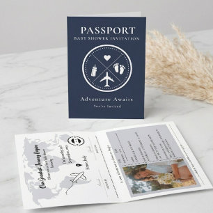 Convite Foto de Passaporte Azul Marinho Elegante para Chá