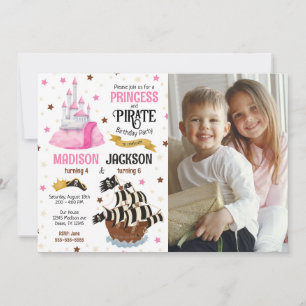 Convite Foto de Pirata e Princesa Irmãos Aniversário Conju