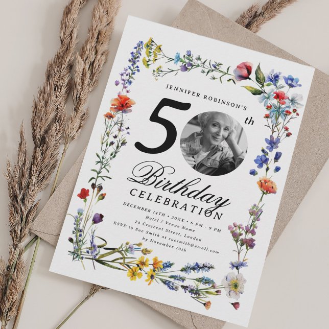 Convite Foto de Prado de Flor Selvagem 50ª Festa de aniver (Wildflower Meadow Photo 50th Birthday Party Invitation)
