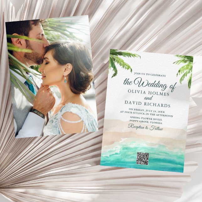 Convite Foto de Praia em Aquarela & Código QR Casamento (Watercolor Beach Photo & QR Code Wedding Invitation on a sunny neutral dry palm leaf.)