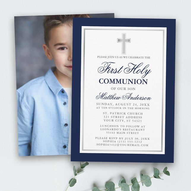 Convite Foto de prata azul da Primeira Comunhão (Customize to change text size or text style.)