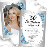 Convite Foto de prata azul empoeirada Elegante 50º anivers<br><div class="desc">Elegante convite floral feminino de 50 anos com sua foto no final do cartão. Glam design com falso prata. Apresenta rosas azuis empoeirados, fonte de script e confetti. Perfeito para uma festa de comemoração de na moda adulto. Personalize com seus próprios detalhes. Pode ser personalizado para qualquer idade! Impressos convites...</div>