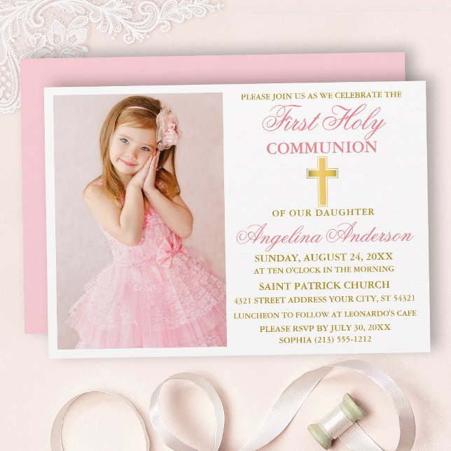 Convite Foto de primeira comunhão elegante, rosa Dourada (Customize to change text color,  size, style or to change color of back of card.)