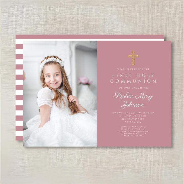Convite Foto de Primeira Comunhão em Stripes Rosa (Pink Stripes Cross Girl First Communion Photo Invitation)