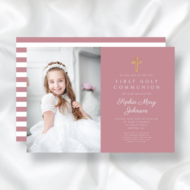Convite Foto de Primeira Comunhão em Stripes Rosa (Pink Stripes Cross Girl First Communion Photo Invitation)