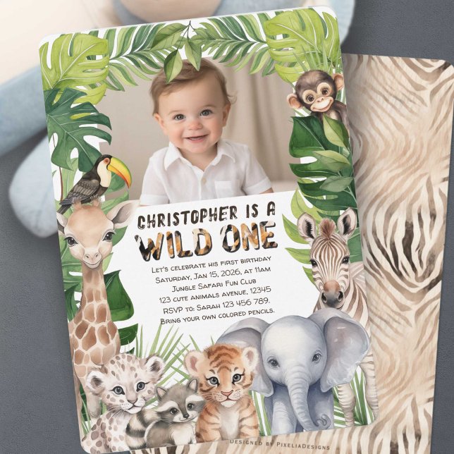 Convite Foto de primeiro aniversario com tema Safari selva (Wild one, boy 1st birthday photo invitation.)