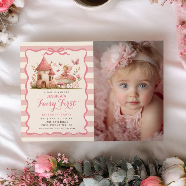Convite Foto de Primeiro Aniversário da Fada Rosa da Flore (Criador carregado)