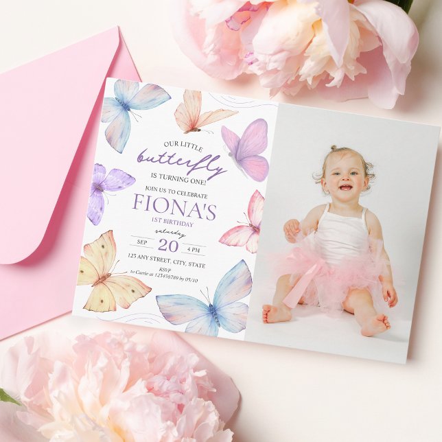 Convite Foto de primeiro aniversario da menina da borbolet (1st birthday invitation photo, our little butterfly)