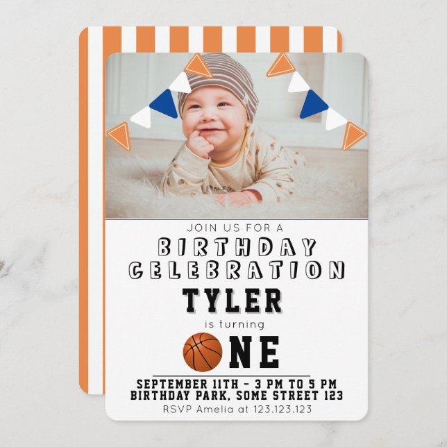 Convite Foto de primeiro aniversario de bolas de basquete  (Frente/Verso)
