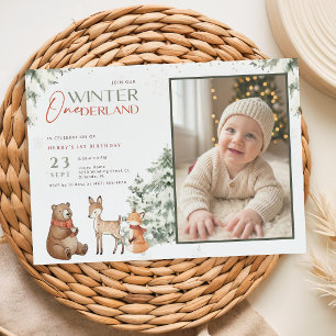 Convite Foto de Primeiro Aniversário de Inverno de Animal 