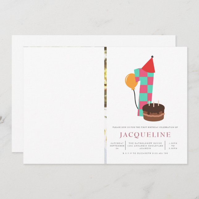 Convite Foto de primeiro aniversario para Meninas (Frente/Verso)