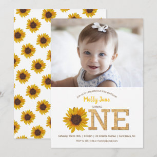 Convite Foto de primeiro aniversario Rústico de Girassol