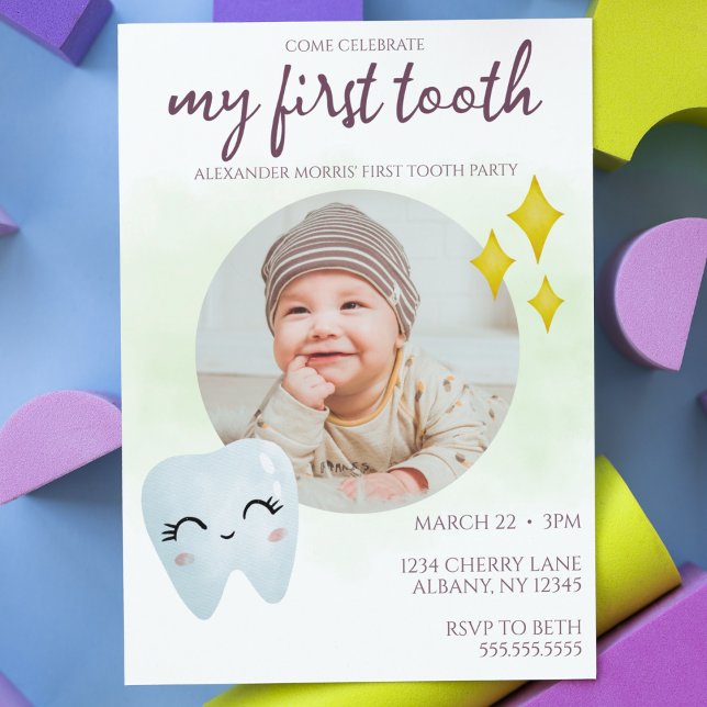 Convite Foto de primeiro dente ("my first tooth" party invitation cute gender neutral boy or girl baby party invite watercolor cute)