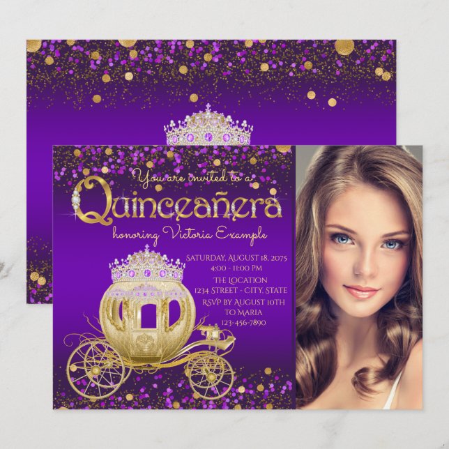 Convite Foto de Princesa Roxa e Dourada Quinceanera (Frente/Verso)