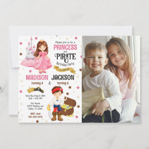 Convite Foto de Príncipe e Pirata Irmãos Aniversário Conju