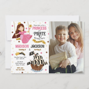 Convite Foto de Príncipe e Pirata Irmãos Aniversário Conju