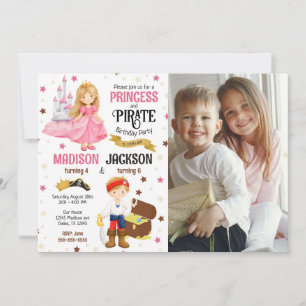 Convite Foto de Príncipe e Pirata Irmãos Aniversário Conju