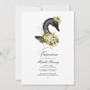 Convite Foto de Quinceañera com Cisne Floral Preto e Doura
