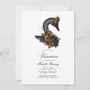 Convite Foto de Quinceañera com Cisne Floral Preto e Doura