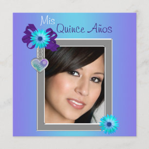 Convite Foto de Quinceanera com Margarida Roxa Turquesa