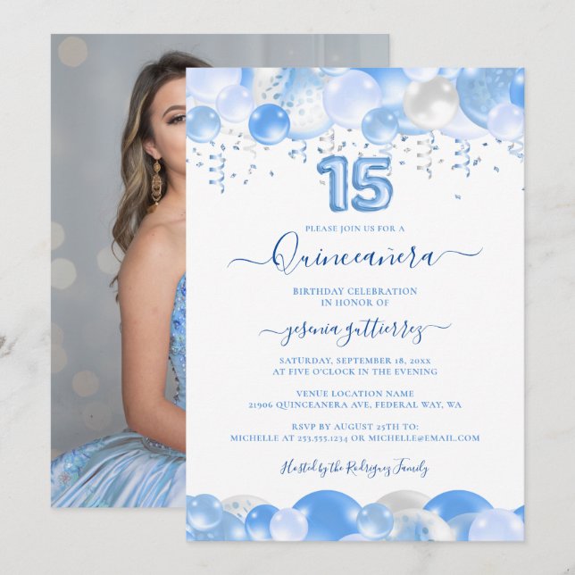 Convite Foto de Quinceañera do Balão Azul (Frente/Verso)