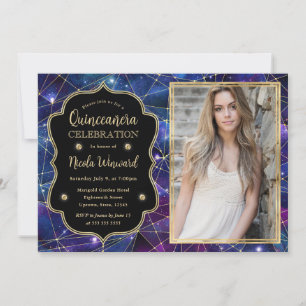Convite Foto de Quinceanera do Crystal Galaxy Midnight Pur