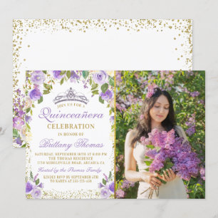 Convite Foto de Quinceanera Dourada com Peça Floral Púrpur