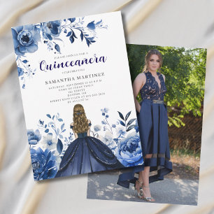 Convite Foto de Quinceañera Floral Azul