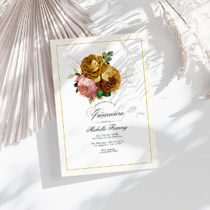 Convite Foto de Quinceañera Floral Elegante Dourada e Esma