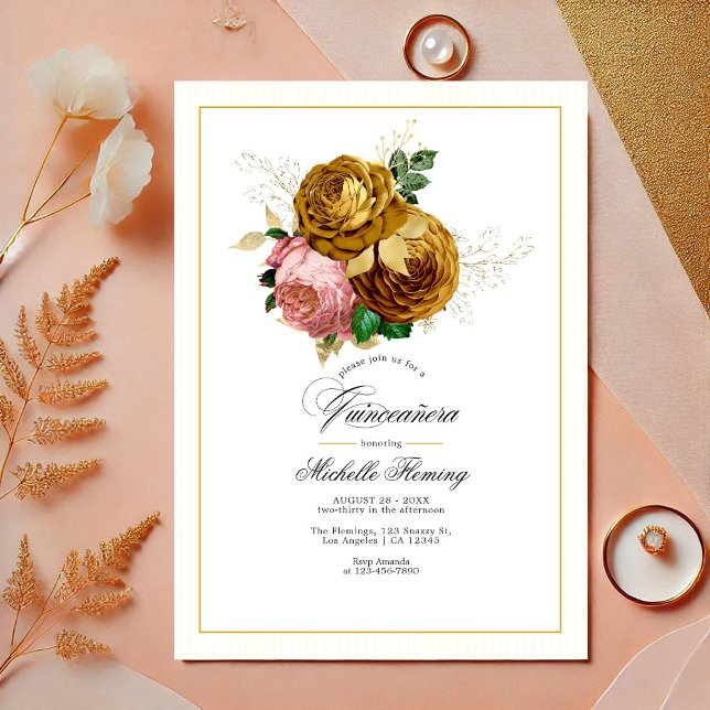 Convite Foto de Quinceañera Floral Elegante Dourada e Esma (Elegant Gold and Blush Floral Quinceañera Photo Invitation)