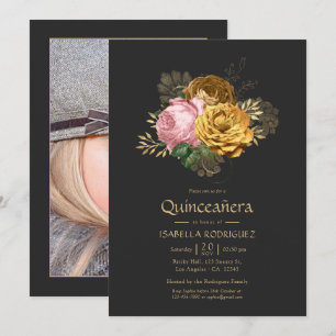 Convite Foto de Quinceañera Floral Rosa e Dourada Vintage