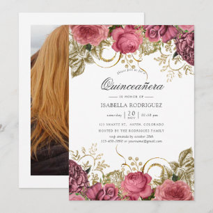 Convite Foto de Quinceañera Floral Vintage Rosa e Dourada