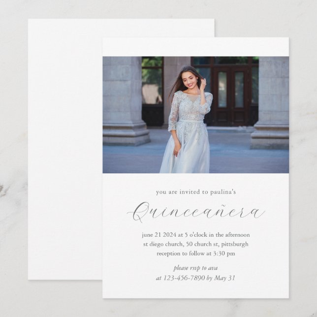 Convite Foto de Quinceañera mínima e moderna (Frente/Verso)