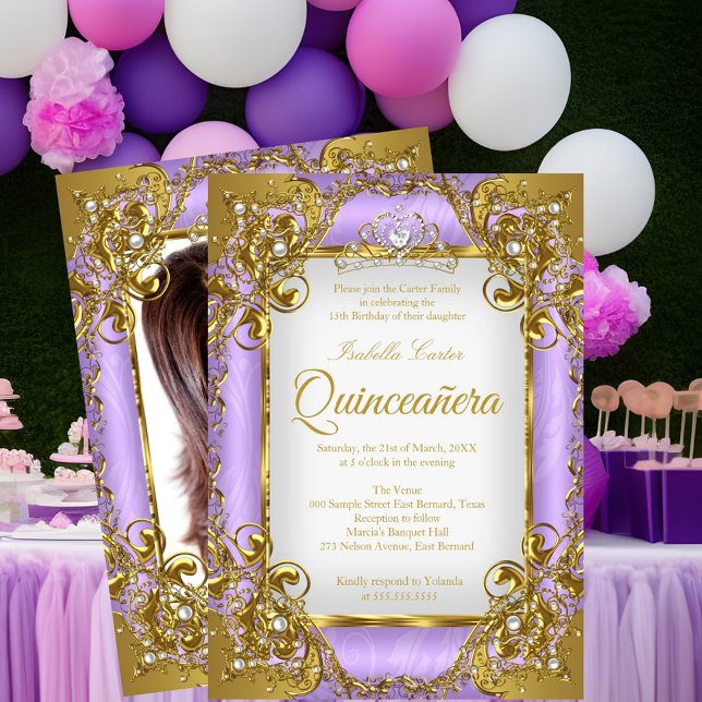 Convite Foto de Quinceanera Ouro branco roxo Pearl Tiara (Criador carregado)